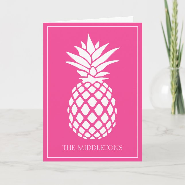 Preppy White Pineapple on Pink Note Card (Front)