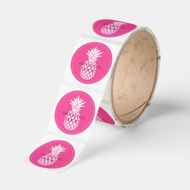 Preppy White Pineapple on Pink Personalized Classic Round Sticker (Roll)