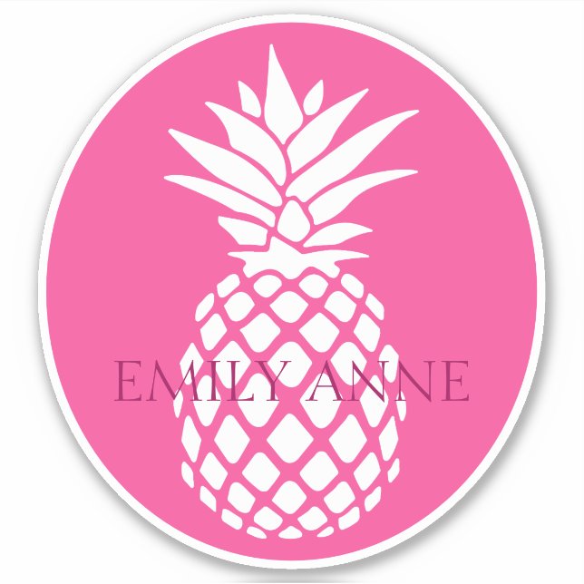 Preppy White Pineapple on Pink Personalized Sticker (Front)