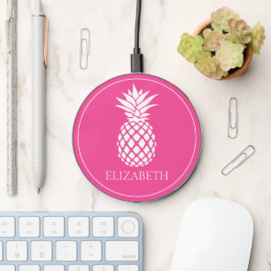 Preppy White Pineapple on Pink Wireless Charger