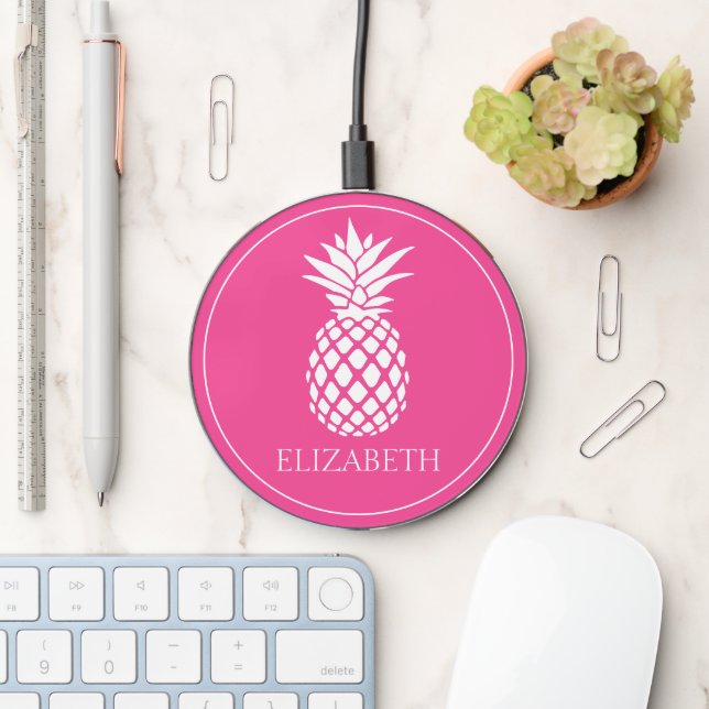 Preppy White Pineapple on Pink Wireless Charger (Desk)