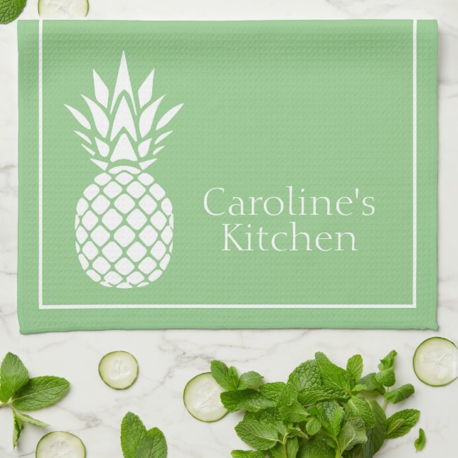 Preppy White Pineapple on Sage Green Kitchen Towel (Folded)