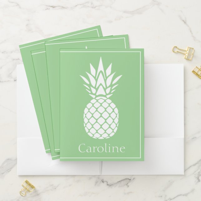 Preppy White Pineapple on Sage Green Pocket Folder (In Situ)