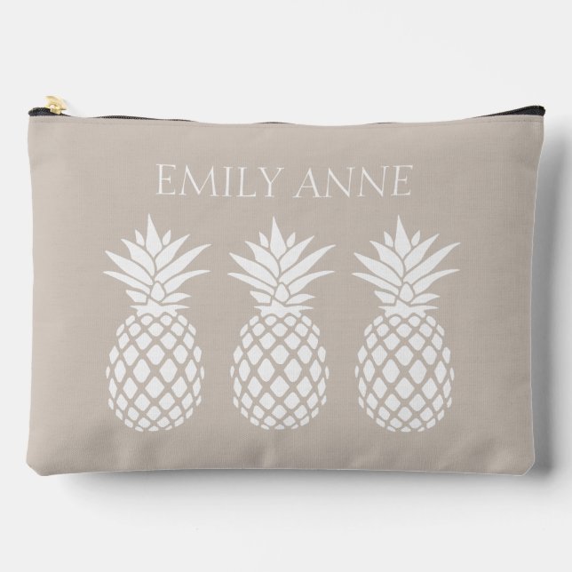 Preppy White Pineapples on Beige Accessory Pouch (Front)