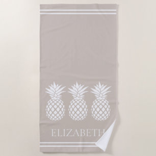 Preppy White Pineapples on Beige Beach Towel