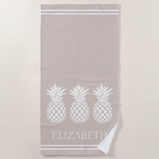 Preppy White Pineapples on Beige Beach Towel (Front)