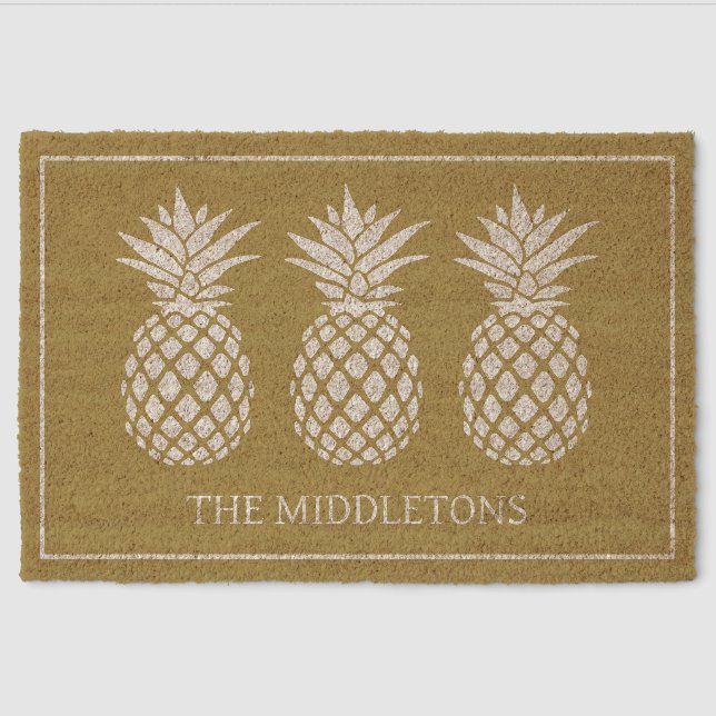 Preppy White Pineapples on Beige Fiber Doormat (Front)
