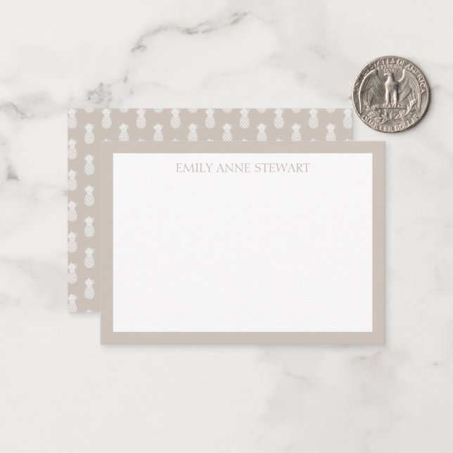 Preppy White Pineapples on Beige Note Card (Front/Back In Situ)