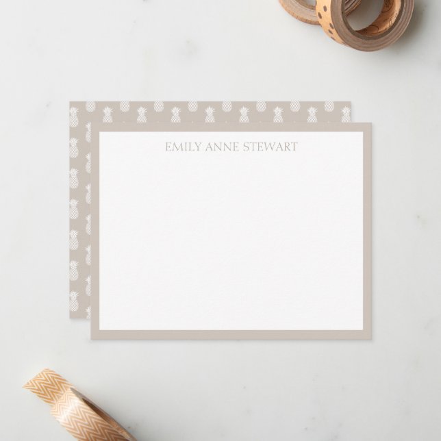 Preppy White Pineapples on Beige Note Card (Front/Back In Situ)