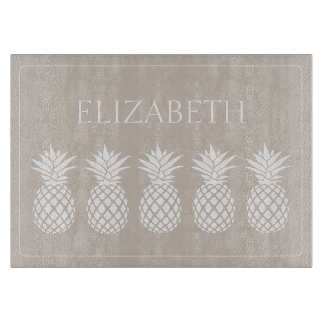 Preppy White Pineapples on Beige Personalized Cutting Board (Front)