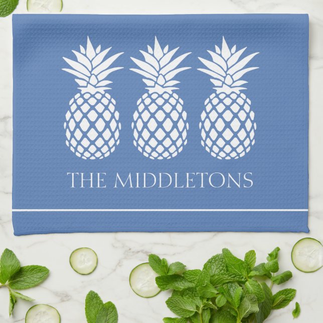 Preppy White Pineapples on Blue Kitchen Towel (Folded)