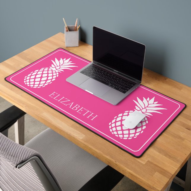 Preppy White Pineapples on Pink Desk Mat (Office 2)