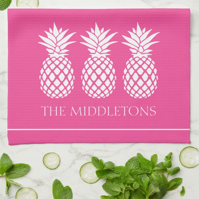 Preppy White Pineapples on Pink Kitchen Towel (Folded)