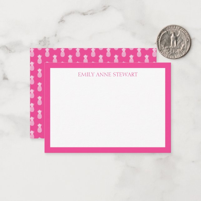 Preppy White Pineapples on Pink Note Card (Front/Back In Situ)