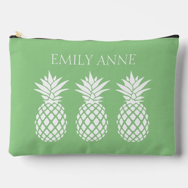 Preppy White Pineapples on Sage Green Accessory Pouch (Front)