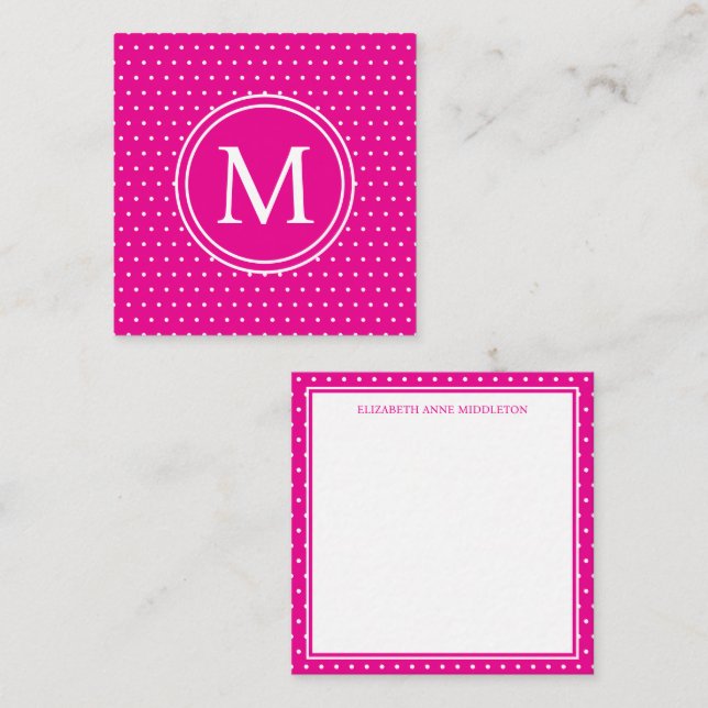 Preppy White Polka Dots on Bright Pink Monogram Note Card (Front/Back)