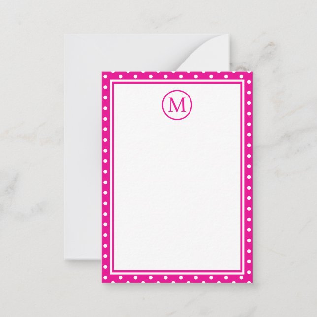 Preppy White Polka Dots on Bright Pink Monogram Note Card (Front)