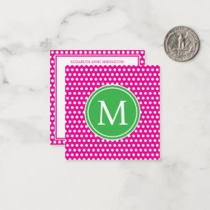 Preppy White Polka Dots on Pink and Green Monogram Note Card