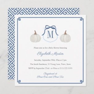 Preppy White Pumpkin Monogram Baby Boy Shower Invitation