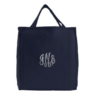 Preppy White Script Monogram Embroidered Navy Bag