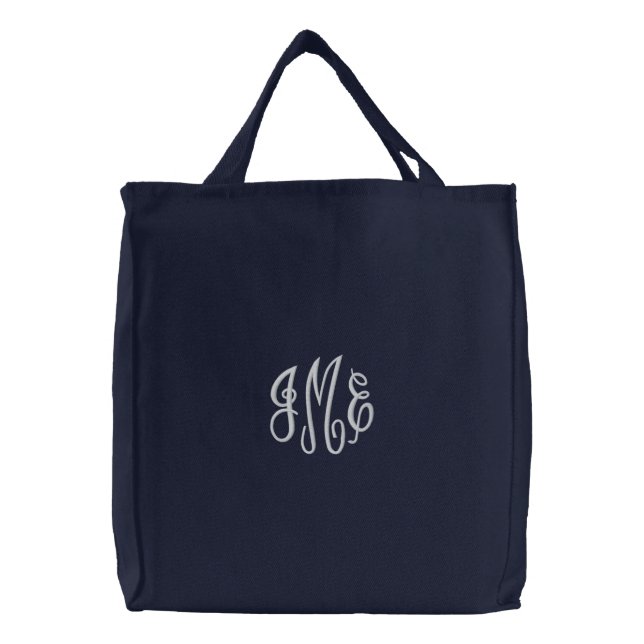 Preppy White Script Monogram Embroidered Navy Bag (Front)
