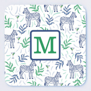 Preppy White Zebra Martinis Green Monogram Beverage Coaster