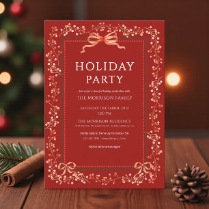 Preppy Winter Bow Botanical Holiday Party Invitation