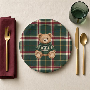 Preppy Winter Teddy Bear Green Tartan Birthday Paper Plates