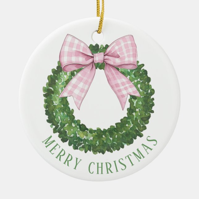 Preppy Wreath with Pink Gingham Bow  Ceramic Ornament (Front)