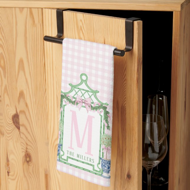 Preppy Wreath with Pink Gingham Bow  Kitchen Towel (Thirds Fold)