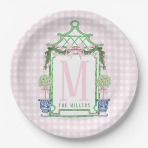 Preppy Wreath with Pink Gingham Bow  Paper Plates