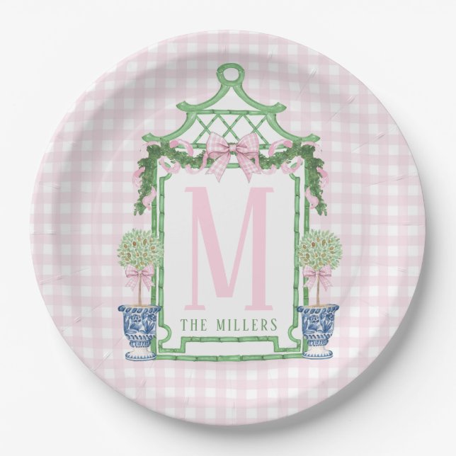 Preppy Wreath with Pink Gingham Bow  Paper Plates (Front)