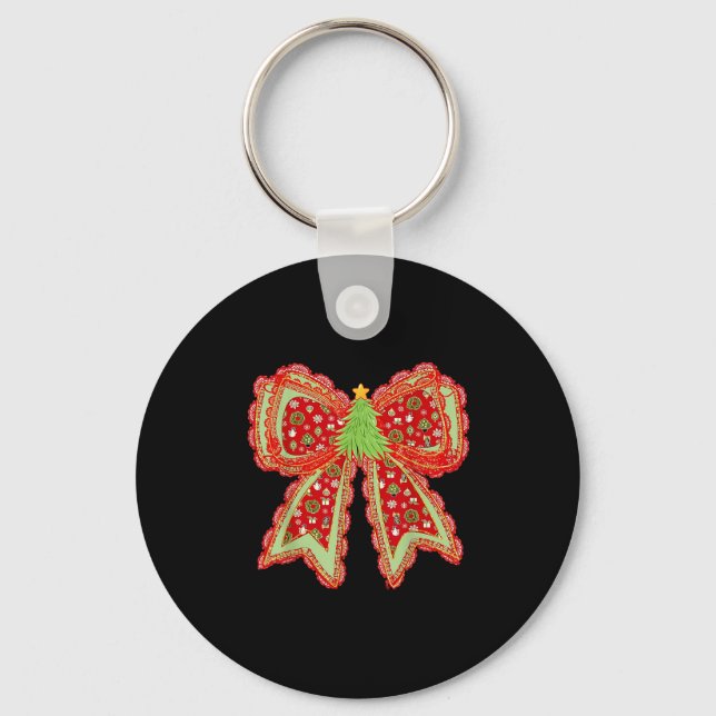 Preppy Xmas Coquette Bow Lace Merry Bright Christm Keychain (Front)
