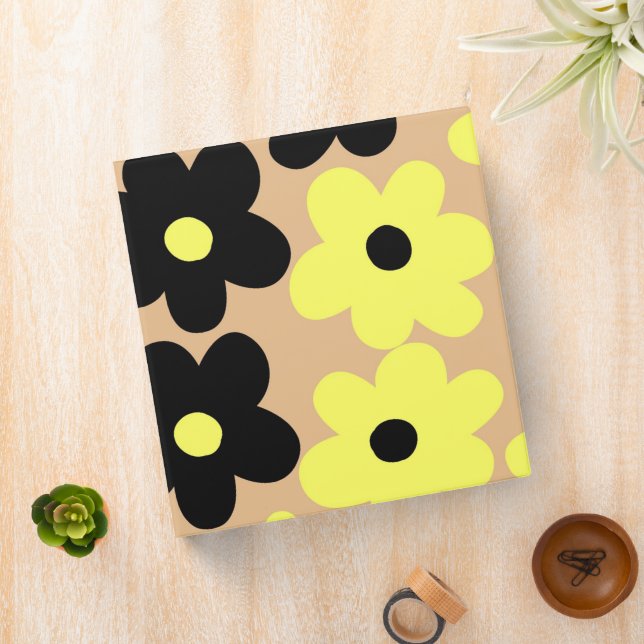 Preppy Yellow Black Hippie Flower Pattern 3 Ring Binder (In Situ)