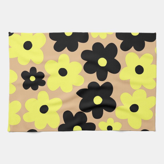 Preppy Yellow Black Hippie Flower Pattern Kitchen Towel (Horizontal)