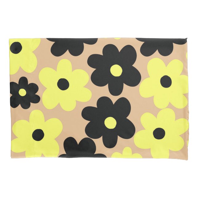 Preppy Yellow Black Hippie Flower Pattern Pillow Case (Front)