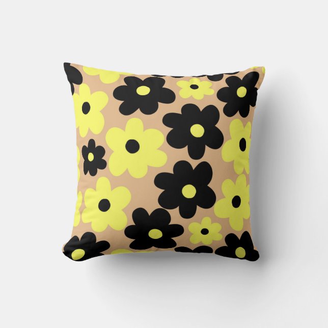 Preppy Yellow Black Hippie Flower Pattern Throw Pillow (Front)