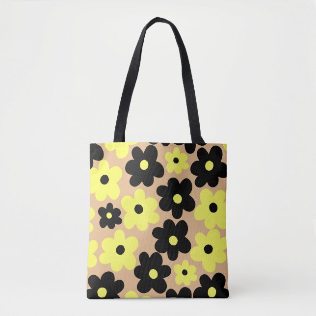 Preppy Yellow Black Hippie Flower Pattern Tote Bag (Front)