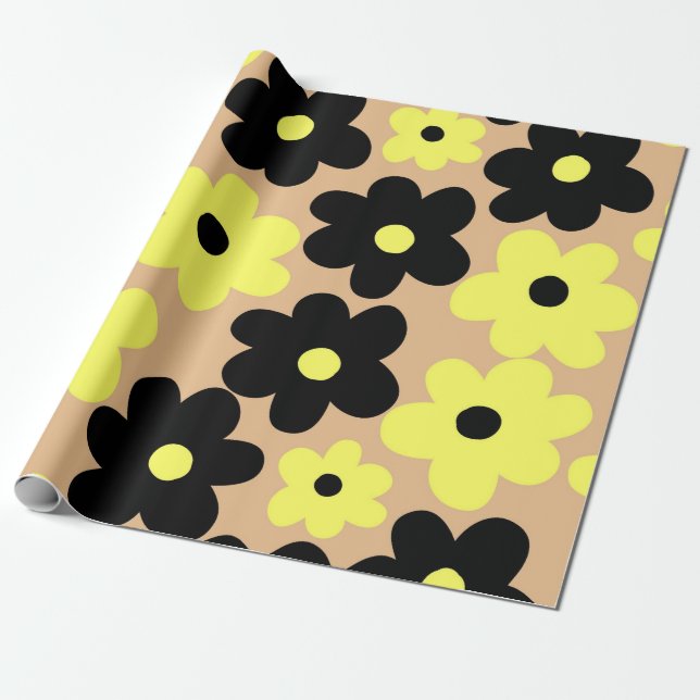 Preppy Yellow Black Hippie Flower Pattern Wrapping Paper (Unrolled)