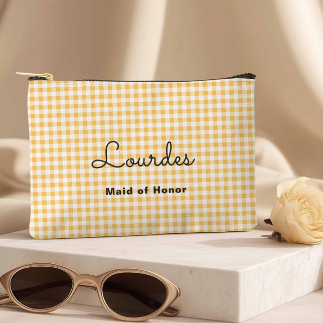 Preppy Yellow Checkered Bridesmaid Travel Accessory Pouch (Large Zipper Pouch)
