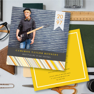 Preppy Yellow Pin Stripes Photo Graduation Party Invitation
