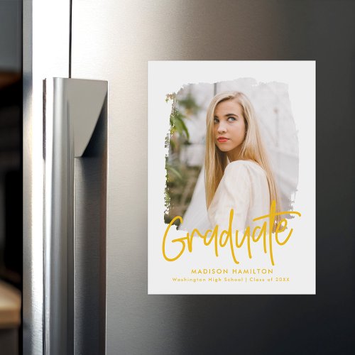 Preppy Yellow Script Photo Graduation Magnetic Invitation