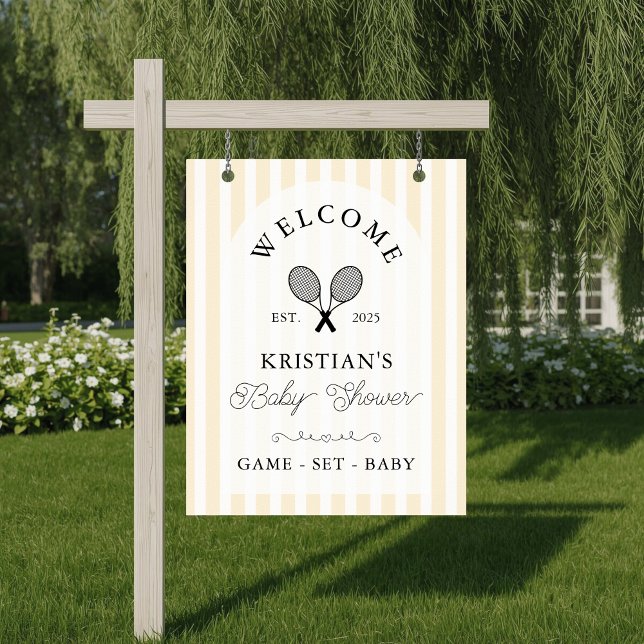 Preppy Yellow Tennis Baby Shower Welcome Poster (elegant yellow striped baby shower welcome sign for tennis theme preppy chic event with arch design)