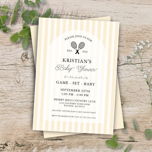 Preppy Yellow Tennis Country Club Baby Shower Invitation (Elegant butter yellow tennis theme baby shower invitations for preppy gender neutral couples shower)
