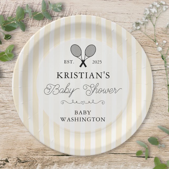 Preppy Yellow Tennis Country Club Baby Shower Paper Plates (elegant pastel yellow tennis theme baby shower paper plates for chic country club birthday party)