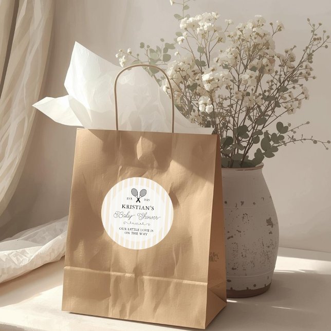 Preppy Yellow Tennis Theme Chic Baby Shower Classic Round Sticker (elegant preppy chic yellow tennis theme baby shower stickers for thank you gifts favors and prizes)