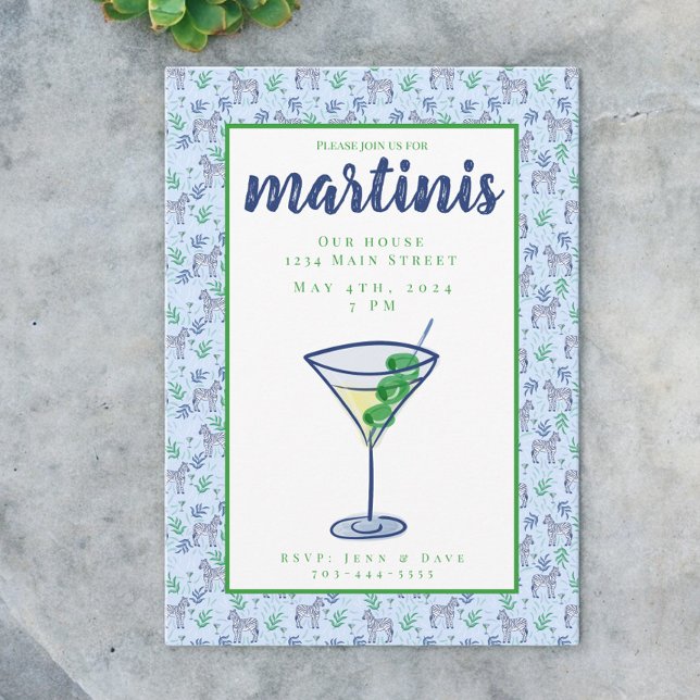 Preppy Zebra Martini Blue Martini Party  Invitation (Creator Uploaded)