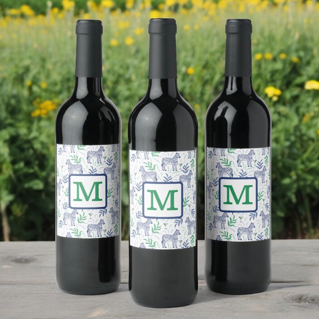 Preppy Zebra Martinis Green Monogram White Wine Label (Creator Uploaded)