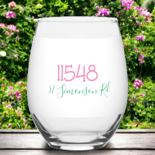 Preppy Zip Code Street Address Personalized Stemless Wine Glass