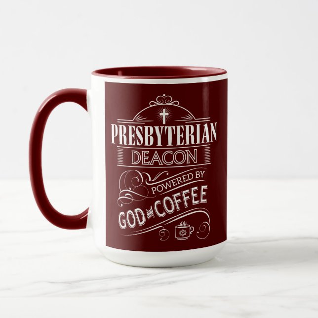 Presbyterian Deacon, powered by God and Coffee Mug (Left)